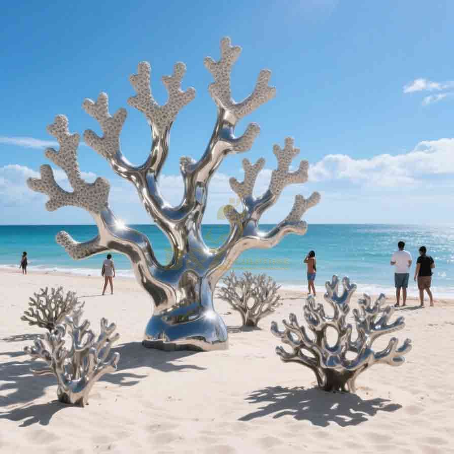 Silver Large Metal Coral Sculpture | Beach Decor Art 4