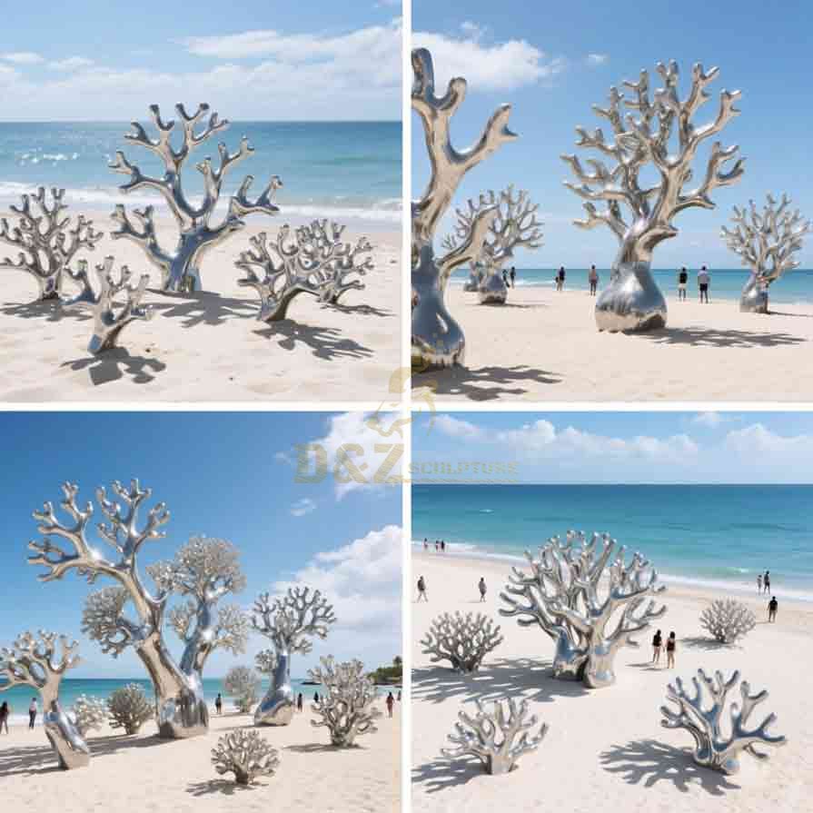 Silver Large Metal Coral Sculpture | Beach Decor Art 8