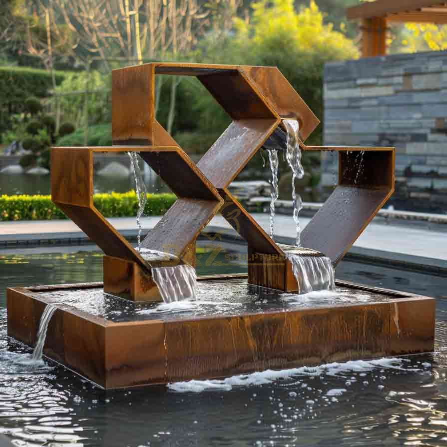 Geometric Corten Steel Fountain | Modern Outdoor Water Feature 5
