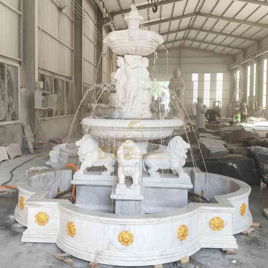White Marble Lion and Figure Statue Tiered Fountain 2