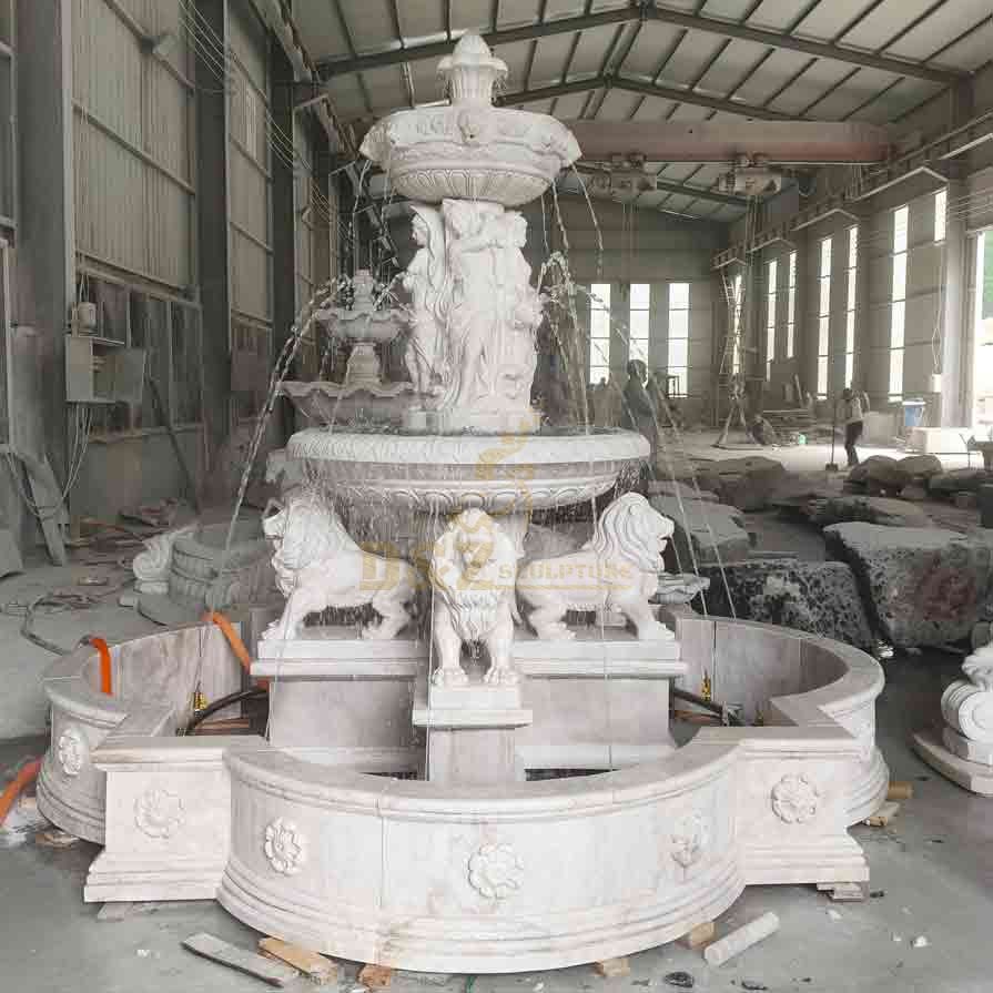 White Marble Lion and Figure Statue Tiered Fountain 3