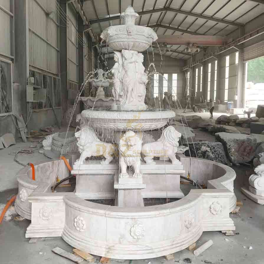 White Marble Lion and Figure Statue Tiered Fountain 4