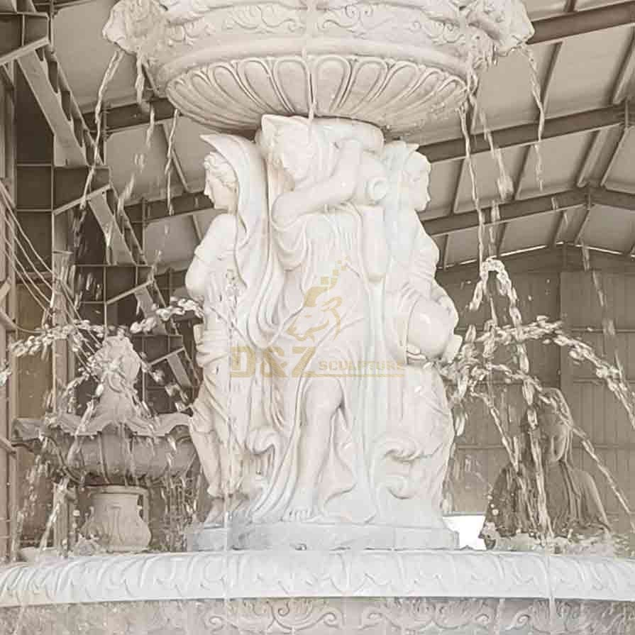 White Marble Lion and Figure Statue Tiered Fountain 6