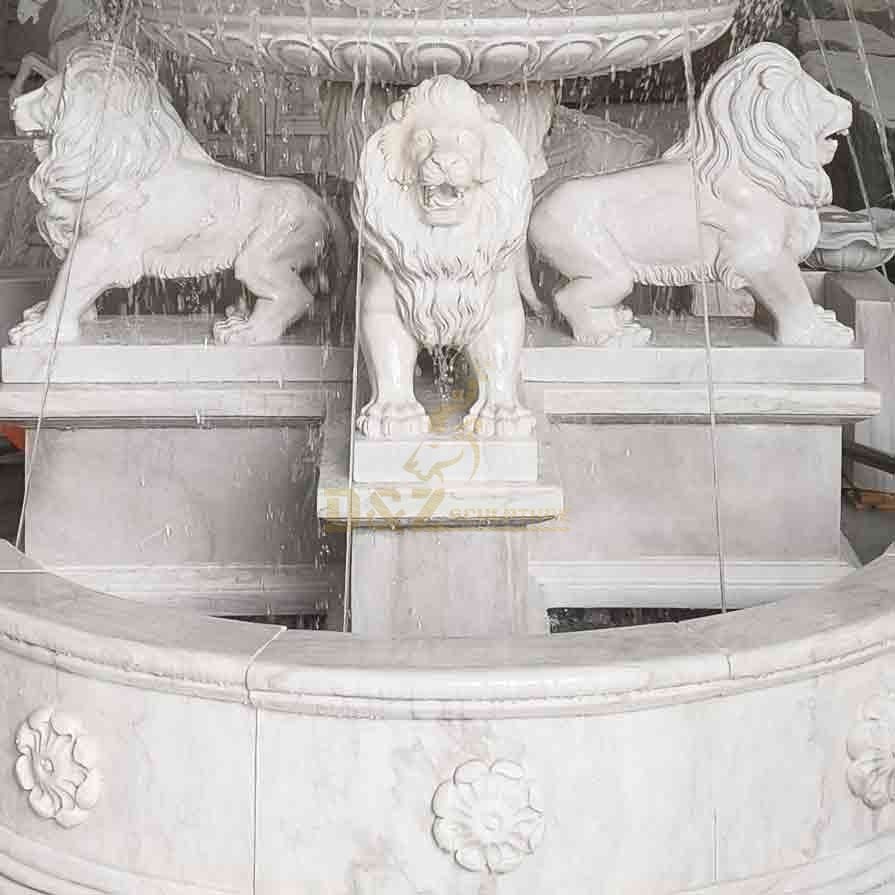 White Marble Lion and Figure Statue Tiered Fountain 8