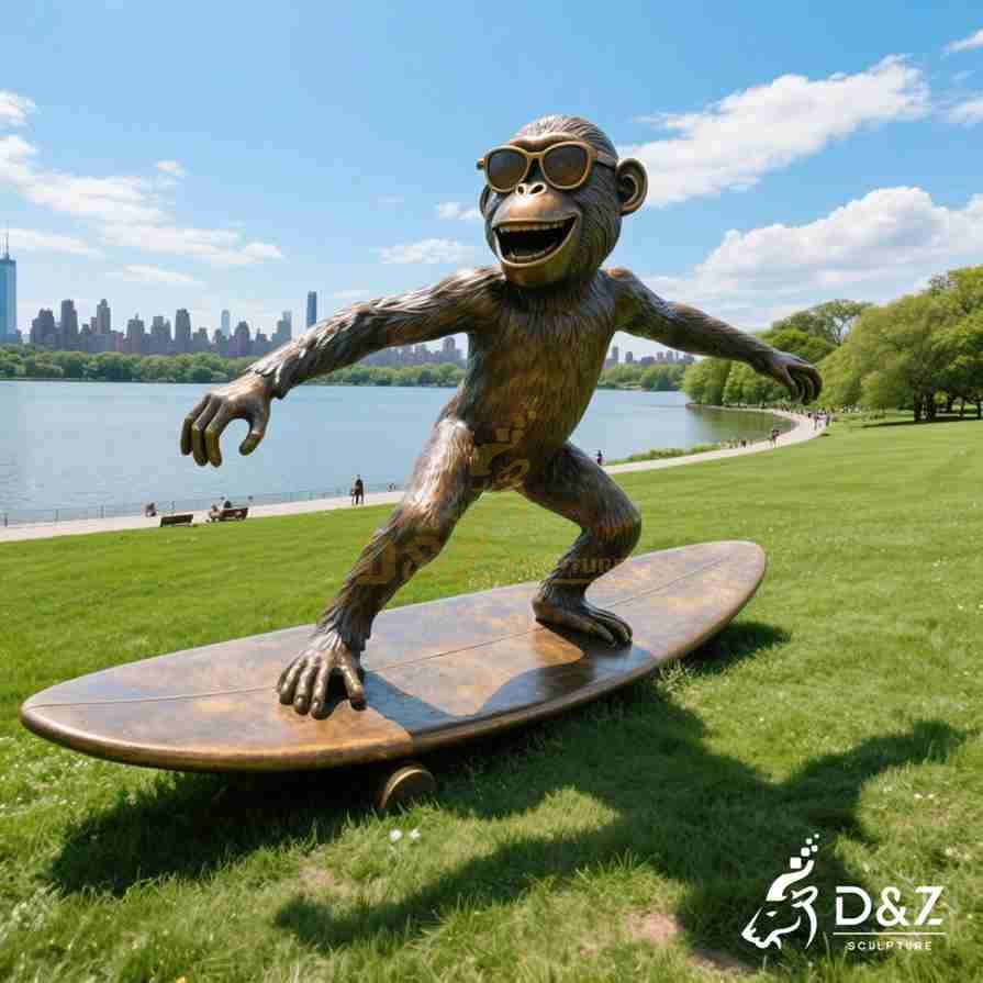 Large Bronze Surfing Monkey Statue 2