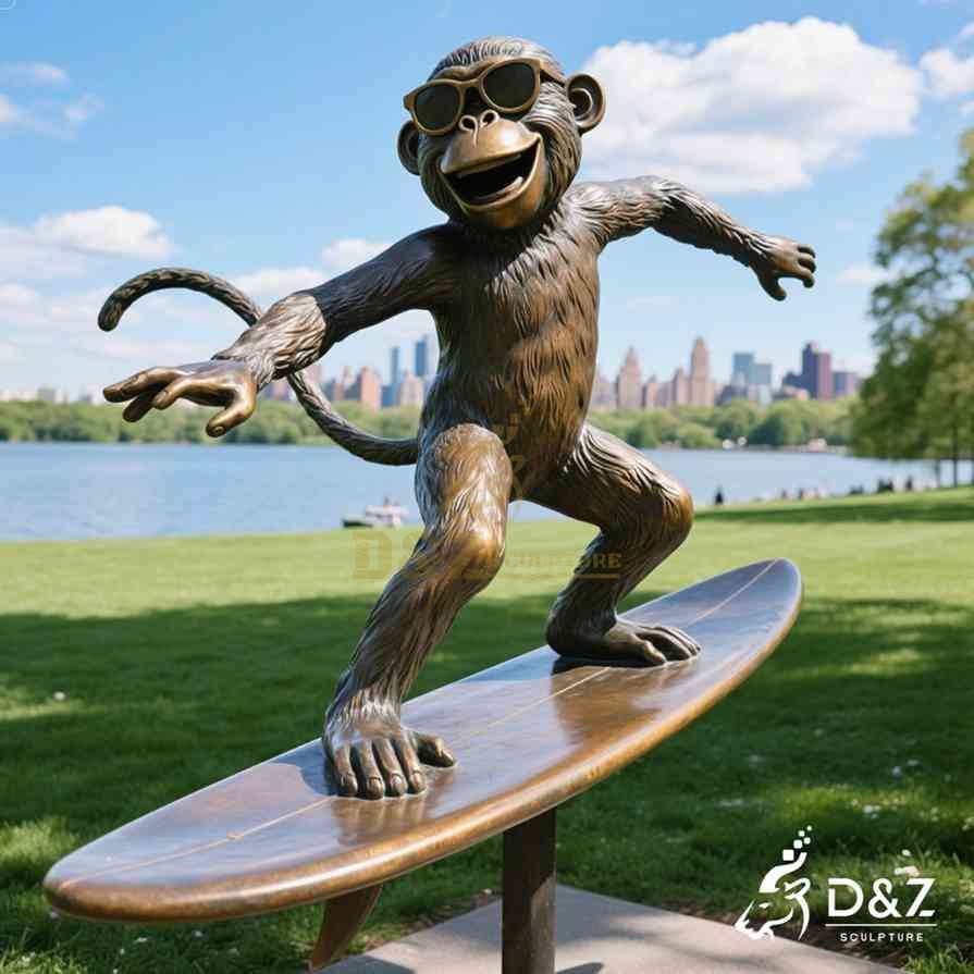 Large Bronze Surfing Monkey Statue 3