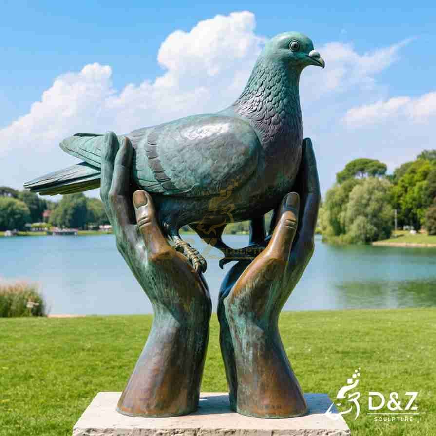 Large Bronze Hands Holding Dove Sculpture 1