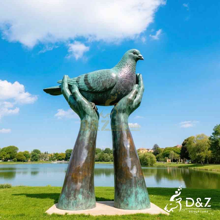 Large Bronze Hands Holding Dove Sculpture 2
