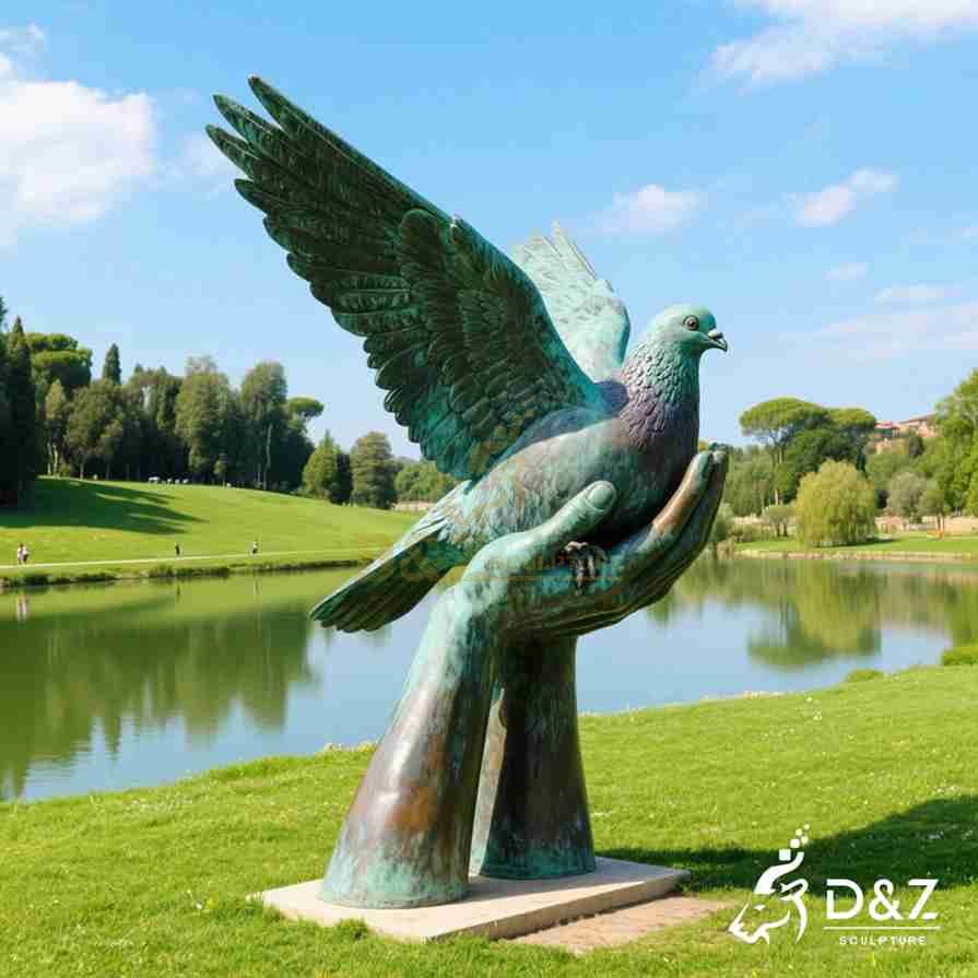 Large Bronze Hands Holding Dove Sculpture 3