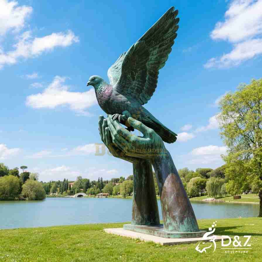 Large Bronze Hands Holding Dove Sculpture 6