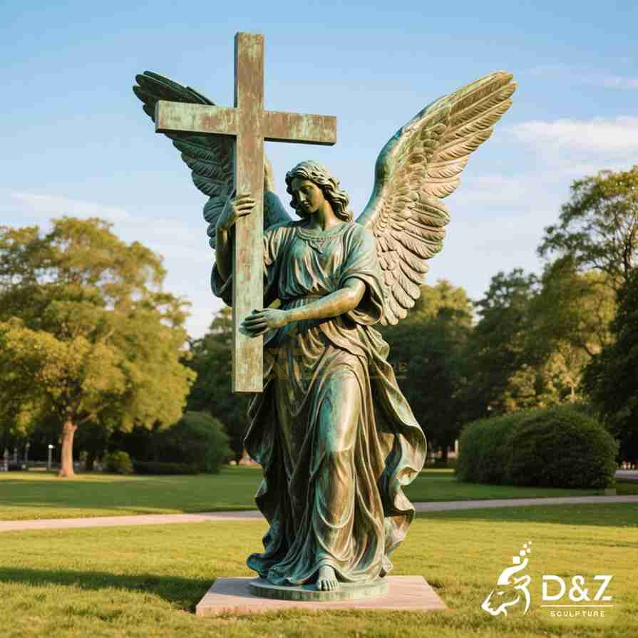 Large Bronze Standing Angel Statue Holding Cross 1