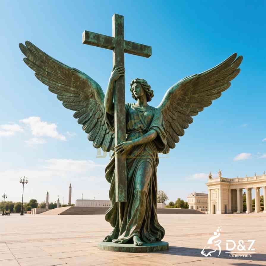 Large Bronze Standing Angel Statue Holding Cross 2