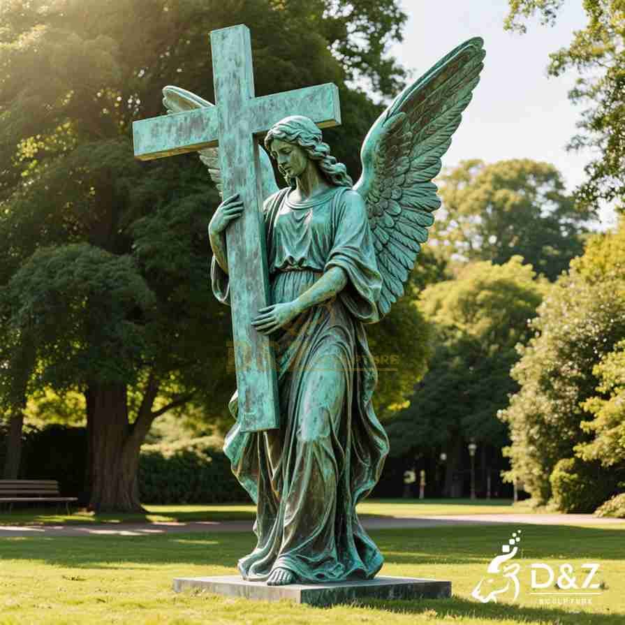 Large Bronze Standing Angel Statue Holding Cross 3