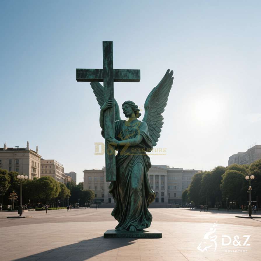 Large Bronze Standing Angel Statue Holding Cross 4