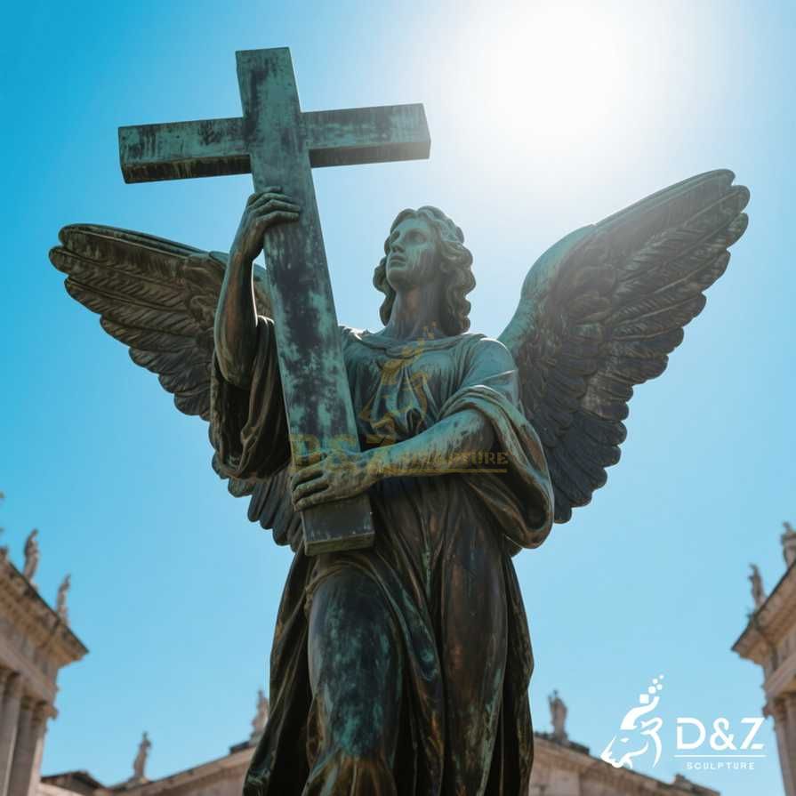 Large Bronze Standing Angel Statue Holding Cross 5
