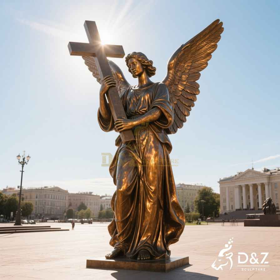 Large Bronze Standing Angel Statue Holding Cross 6
