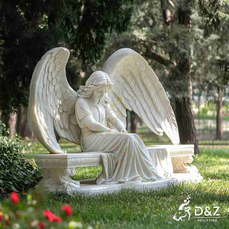White Marble Seated Angel Statue 3
