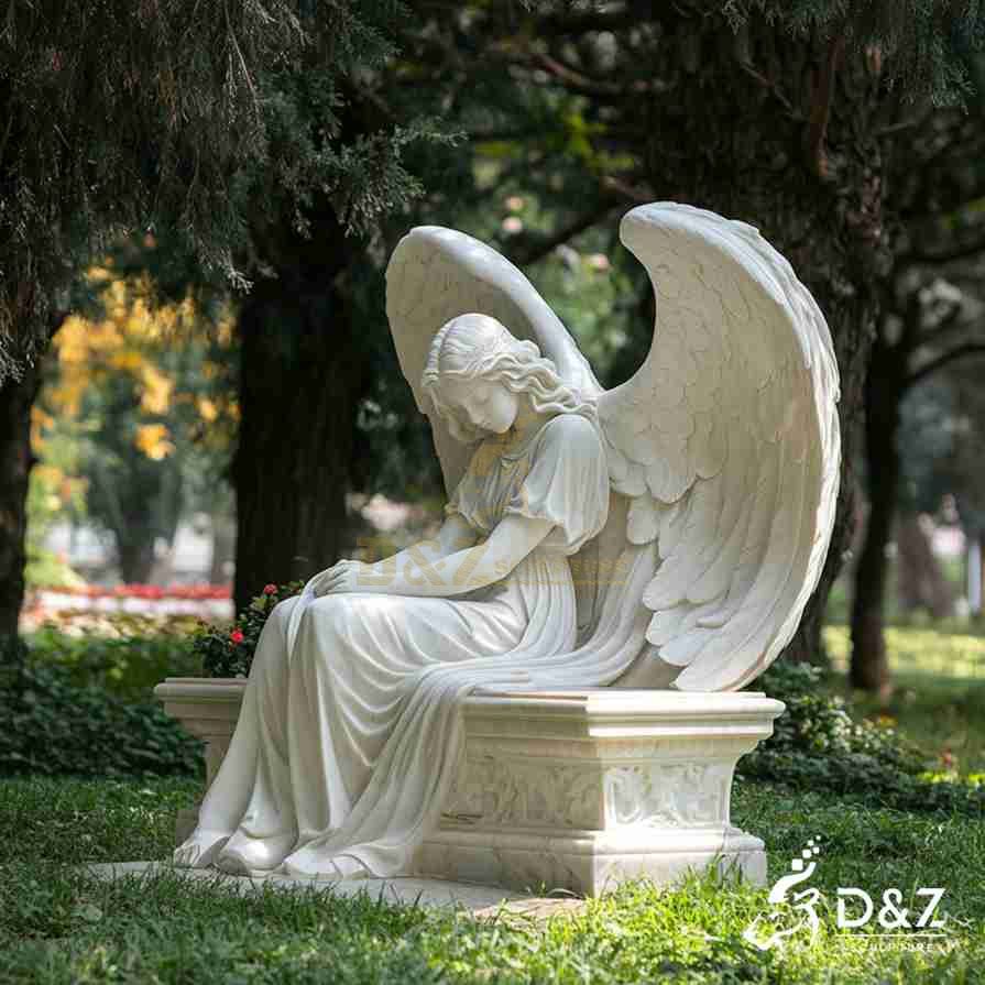 White Marble Seated Angel Statue 4