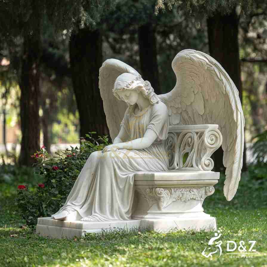 White Marble Seated Angel Statue 5