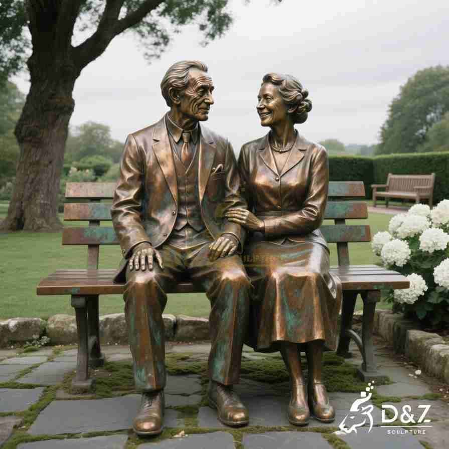 Bronze Old Couple Sitting on Bench Statue 1