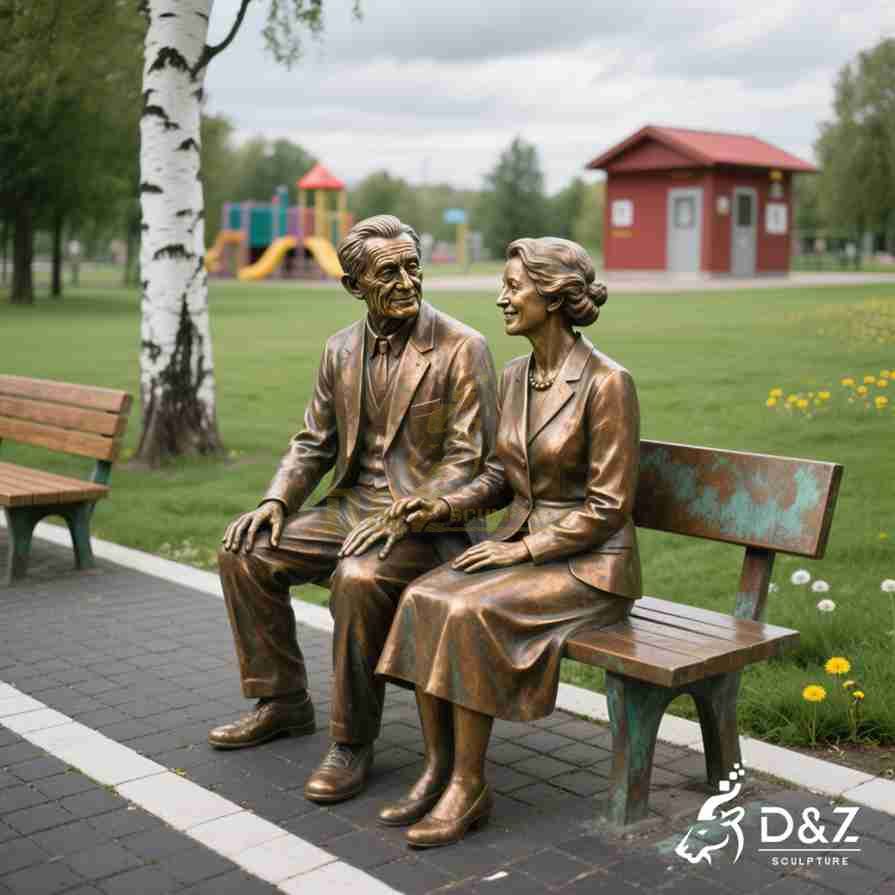 Bronze Old Couple Sitting on Bench Statue 2