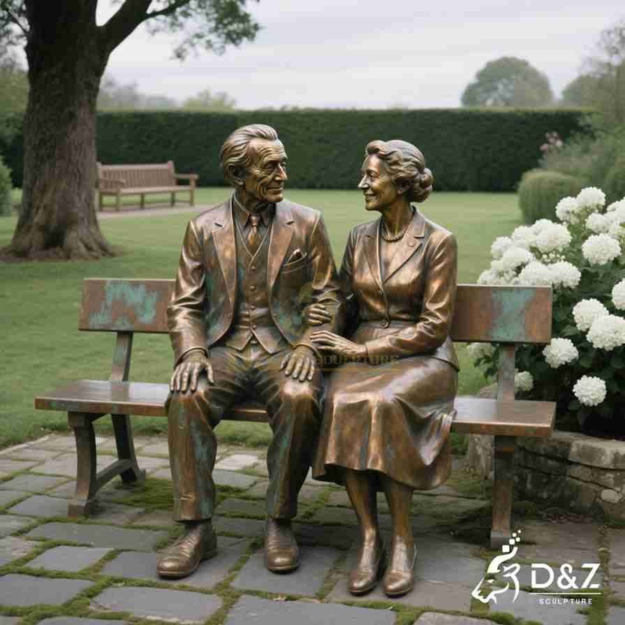 Bronze Old Couple Sitting on Bench Statue 3