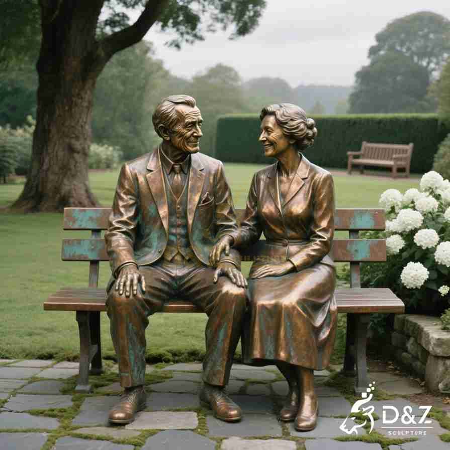 Bronze Old Couple Sitting on Bench Statue 4