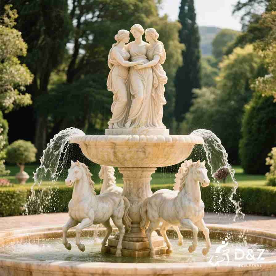Marble Woman Fountain with Horses Statues 2