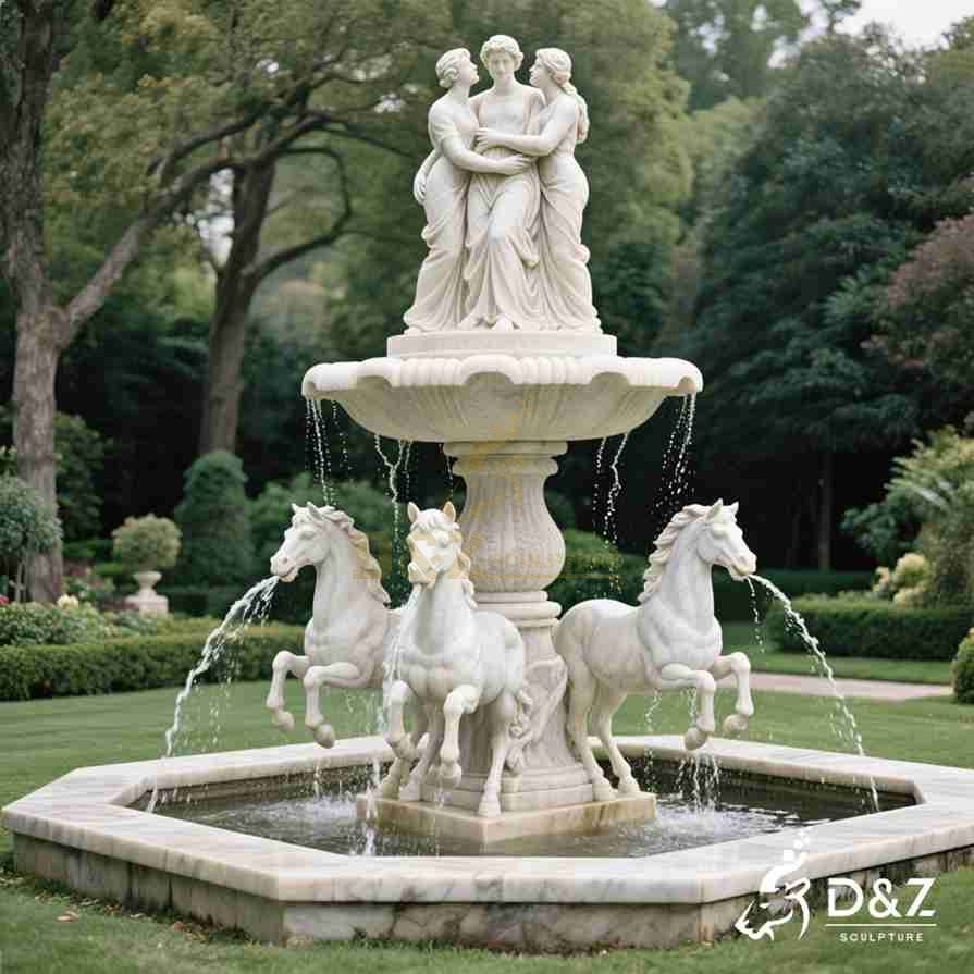 Marble Woman Fountain with Horses Statues 4