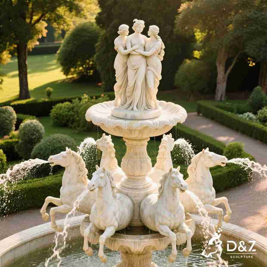 Marble Woman Fountain with Horses Statues 6