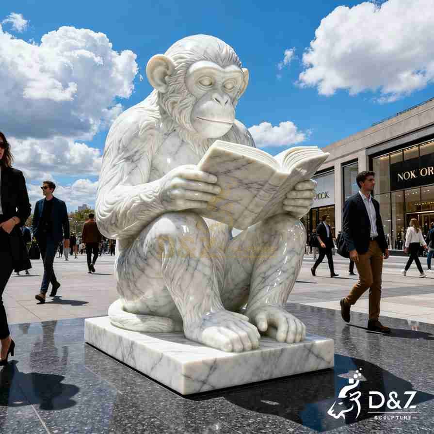 Large White Marble Monkey Reading Book Statue 1 Large White Marble Monkey Reading Book Statue 1
