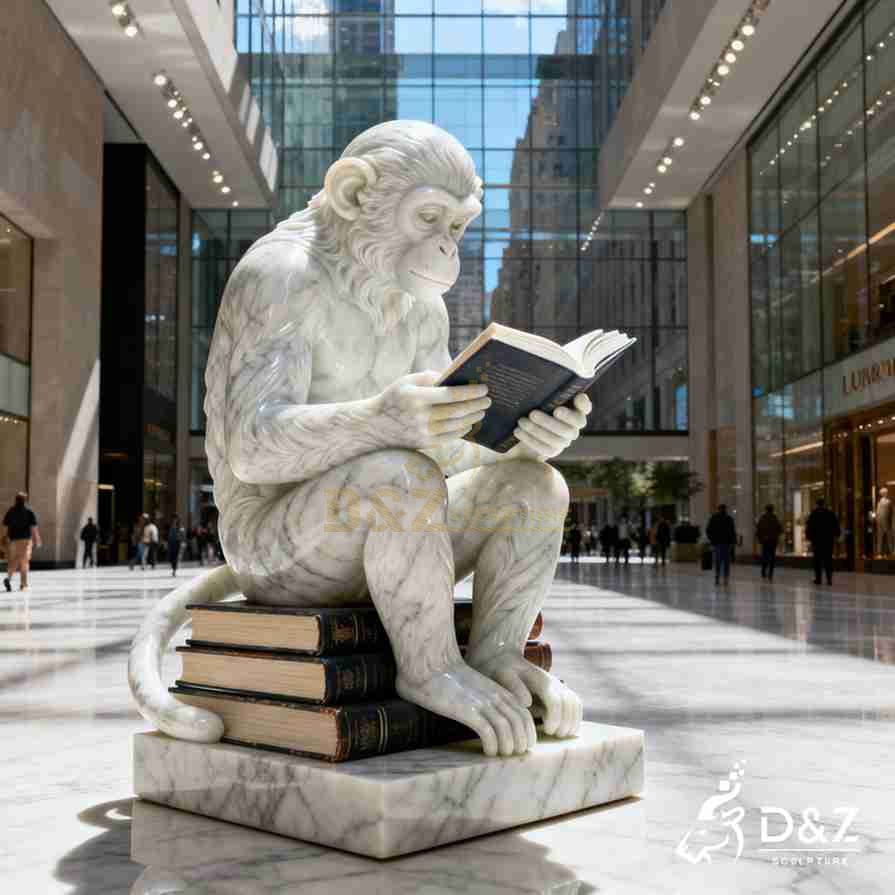 Large White Marble Monkey Reading Book Statue 2 Large White Marble Monkey Reading Book Statue 2