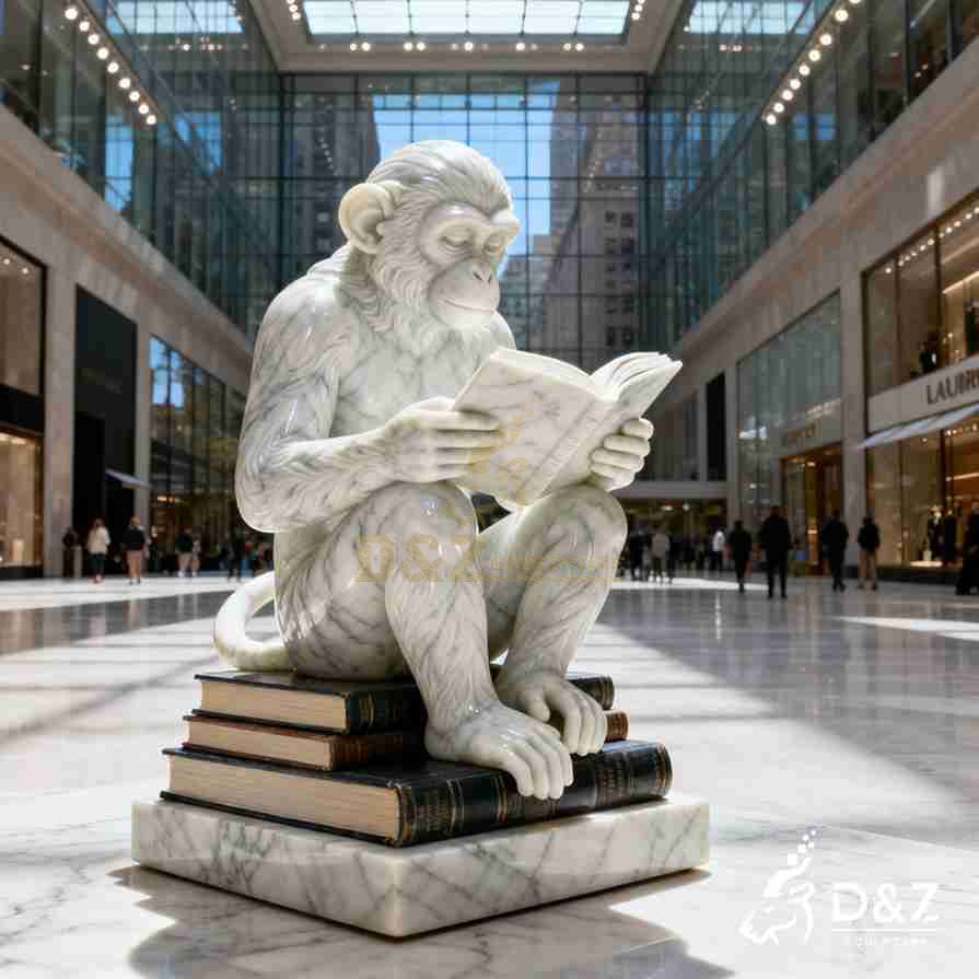 Large White Marble Monkey Reading Book Statue 3 Large White Marble Monkey Reading Book Statue 3