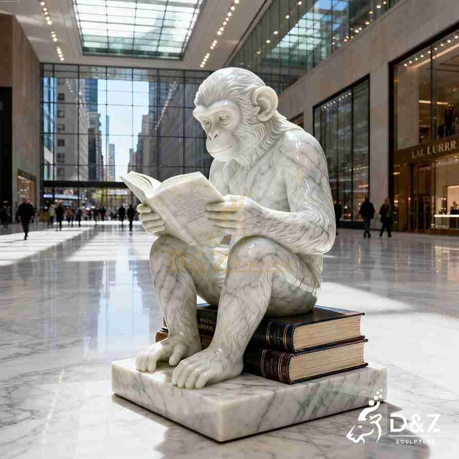 Large White Marble Monkey Reading Book Statue 4 Large White Marble Monkey Reading Book Statue 4
