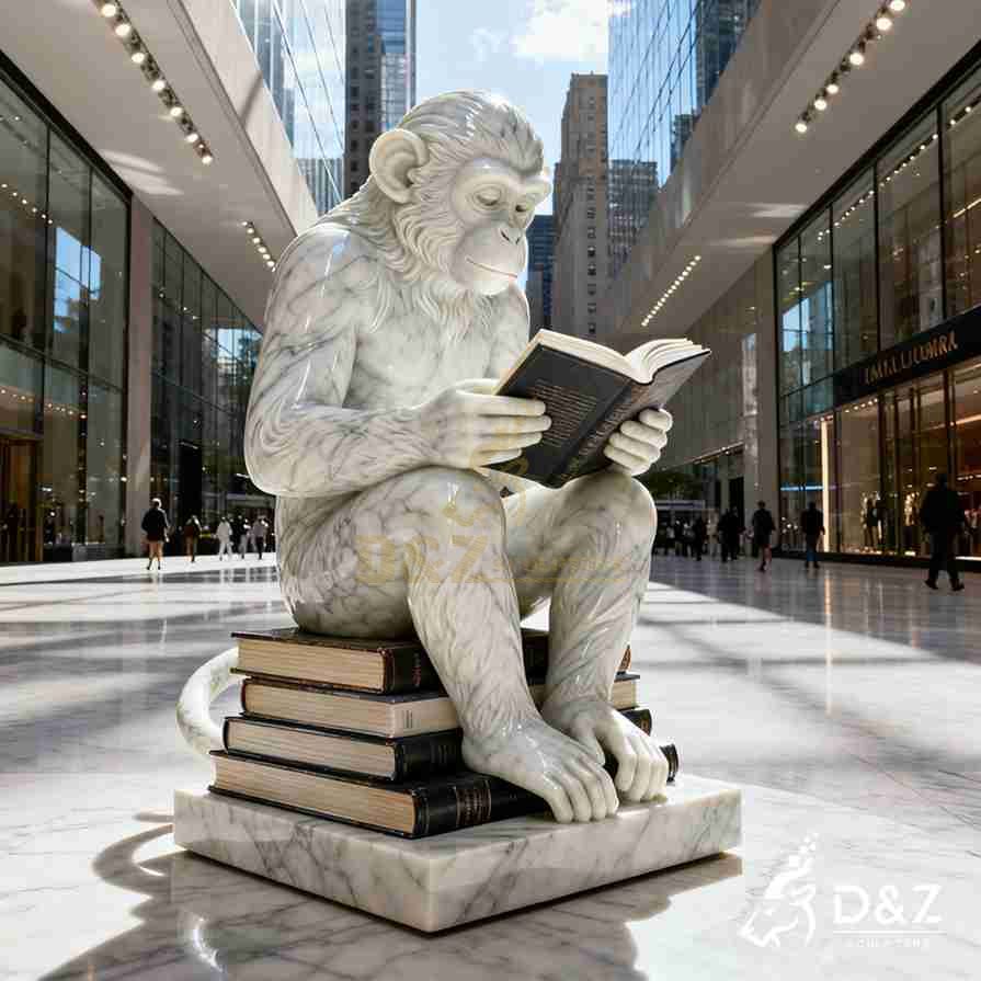 Large White Marble Monkey Reading Book Statue 5 Large White Marble Monkey Reading Book Statue 5