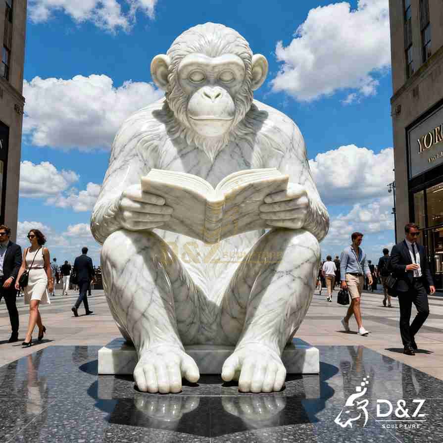 Large White Marble Monkey Reading Book Statue 6 Large White Marble Monkey Reading Book Statue 6
