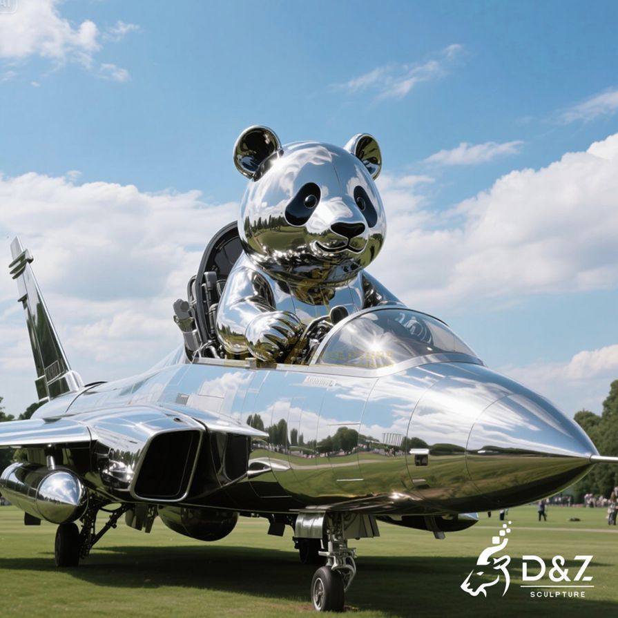 Metal Panda Sculpture | Panda on Plane Art Decor DZJ-134