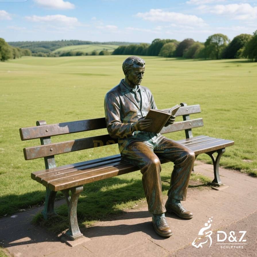 Bronze Man Sitting on Bench Statue 3