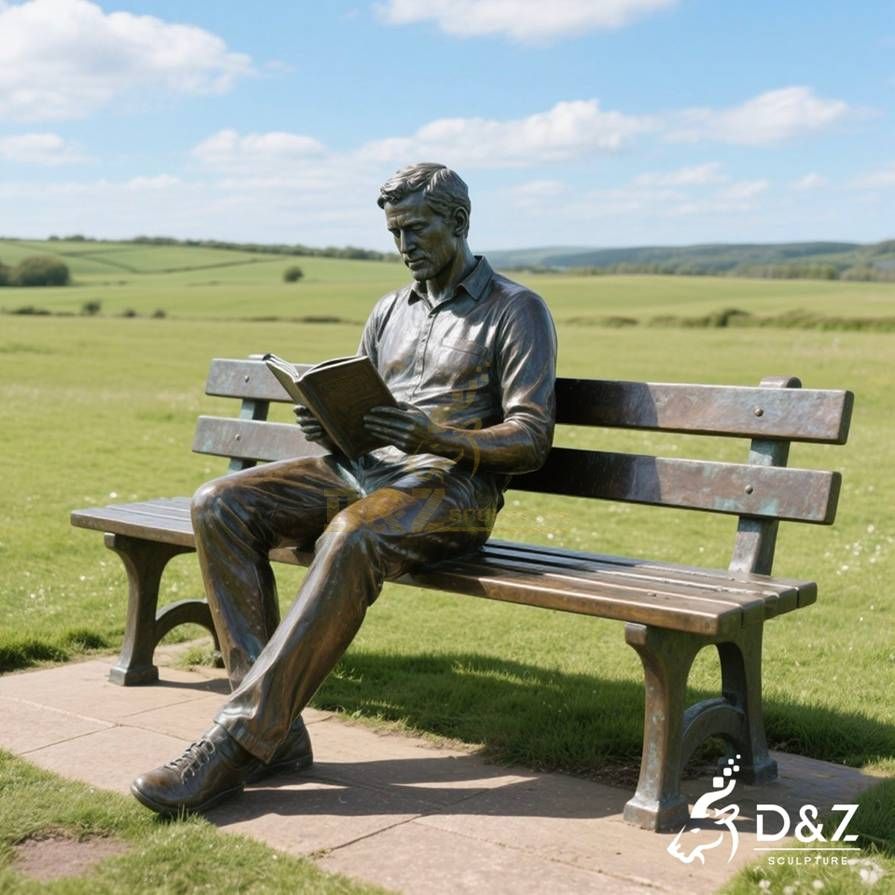 Bronze Man Sitting on Bench Statue 4