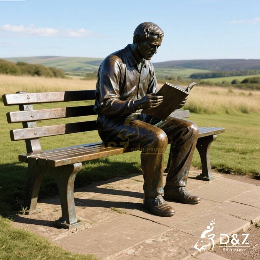 Bronze Man Sitting on Bench Statue 6