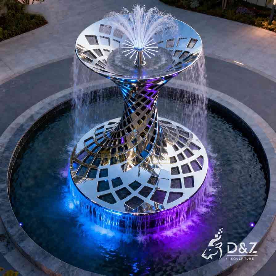 Modern Abstract Metal Landmark Fountain Sculpture with Light 2