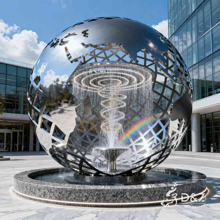 Modern Abstract Metal Landmark Fountain Sculpture with Light, Spherical fountain v6