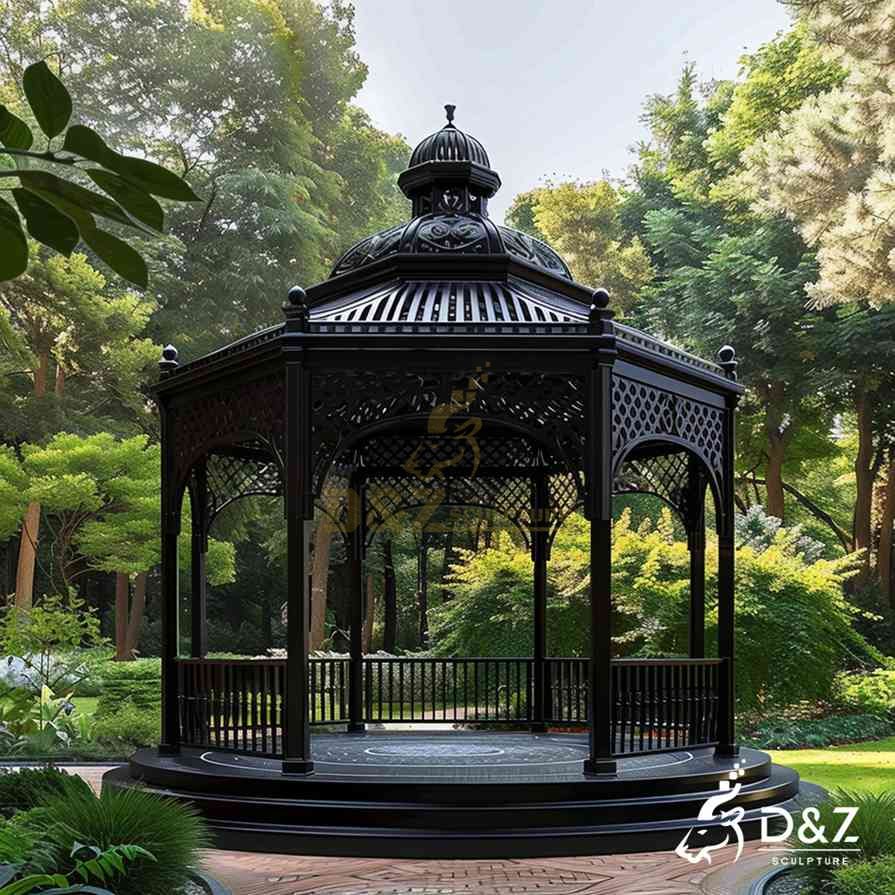 Large Black Metal Garden Gazebo with Railing for Sale DZJ-143