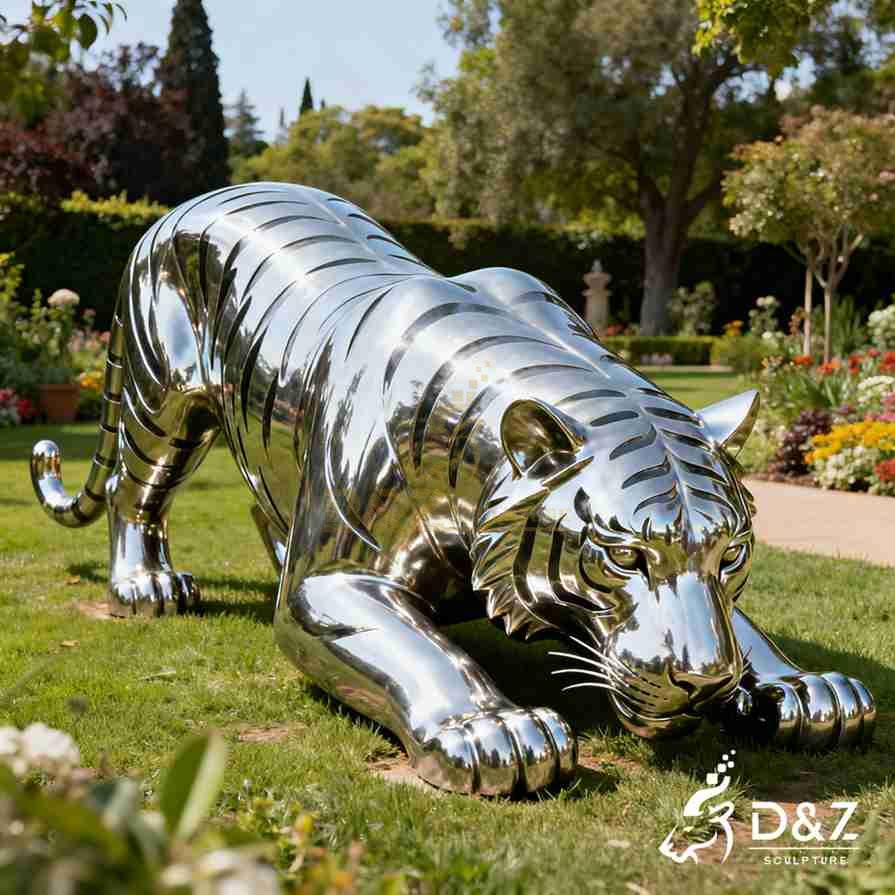 Large life size sitting silver tiger statue 1