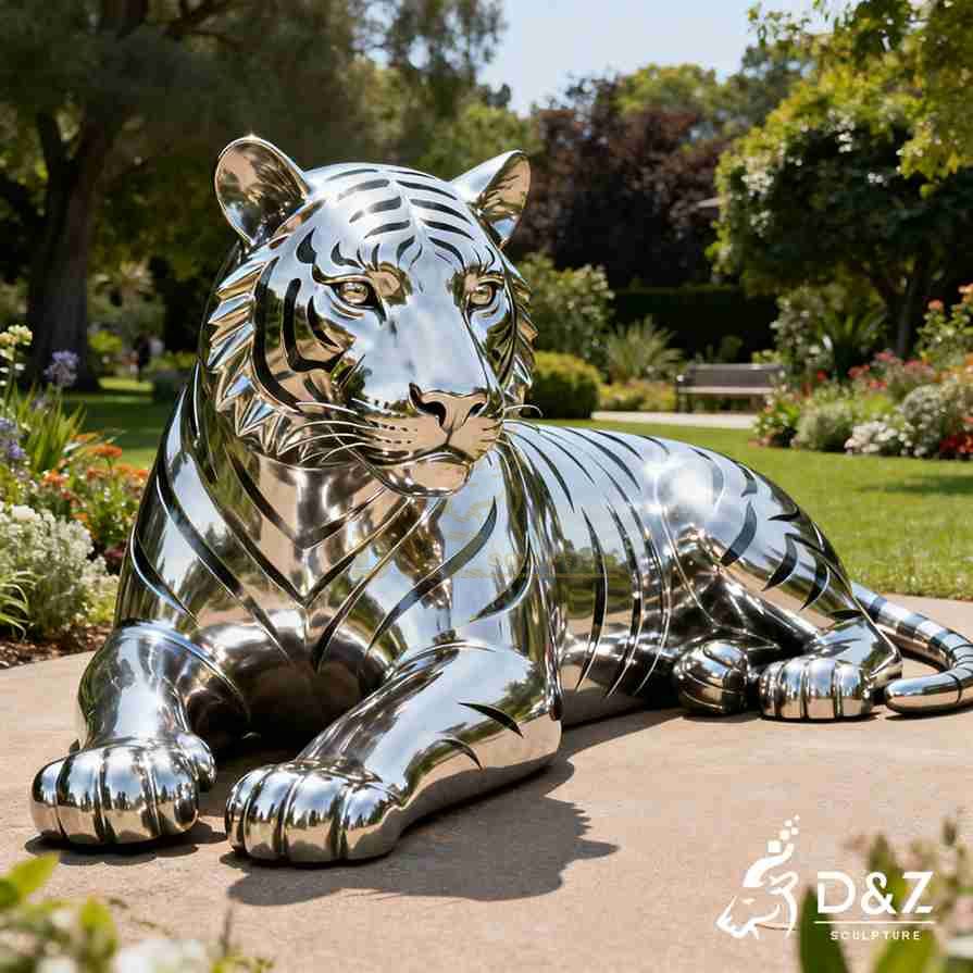 Large life size sitting silver tiger statue 3
