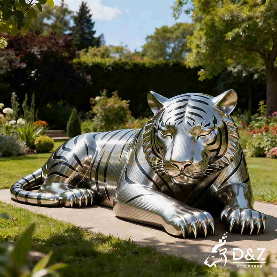 Large life size sitting silver tiger statue 4