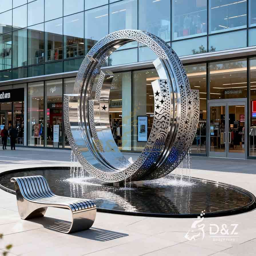 Modern Stainless Steel Nested Ring Fountain Sculpture | Outdoor water feature 3 Modern Stainless Steel Nested Ring Fountain Sculpture | Outdoor water feature 3