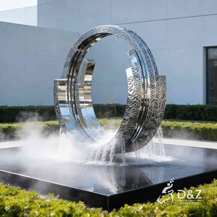 Modern Stainless Steel Nested Ring Fountain Sculpture | Outdoor water feature 5 Modern Stainless Steel Nested Ring Fountain Sculpture | Outdoor water feature 5