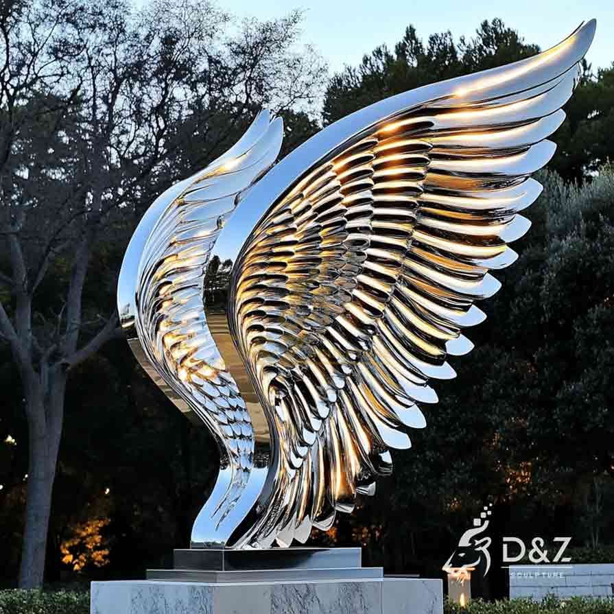 Polished Abstract Metal Wings Sculpture with Lights 1