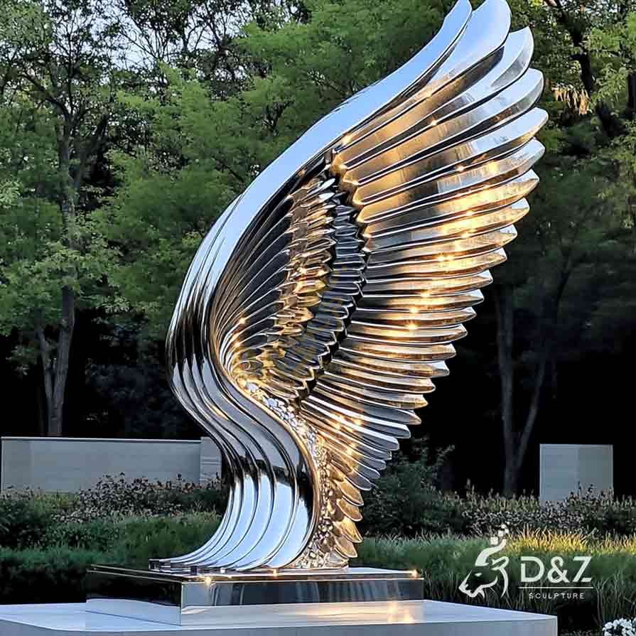 Polished Abstract Metal Wings Sculpture with Lights 5